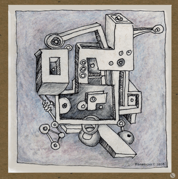 the Chaos Machine, 5\"x5\", mixed media, Hendricks © 2020, all rights reserved