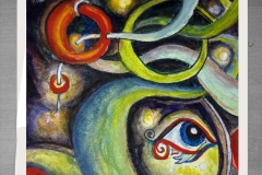 Mixed media drawing featuring a central eye-like form suspended within geometric shapes and flowing lines, suggesting watchfulness, vision, and imagination.