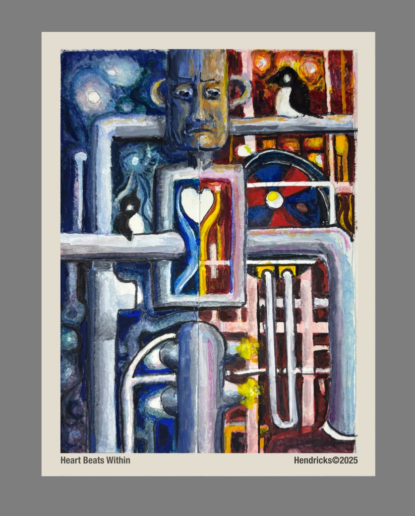 Abstract mixed media painting of a human-like form surrounded by pipes and grids, rendered in red and blue tones with a glowing central heart.