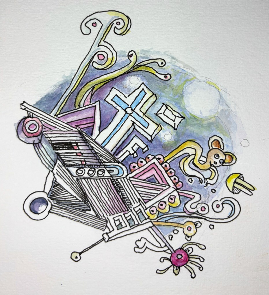 Whimsical ink and watercolor drawing with a cross, house-like forms, curling vines, small figures, and a soft blue-violet wash suggesting shelter, spirit, and community.