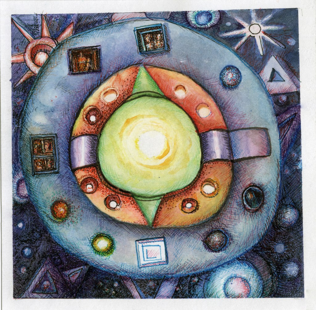 Abstract watercolor painting with a circular, mandala-like structure surrounding a glowing yellow core. Geometric forms and small spheres evoke a balance between biological and cosmic systems.