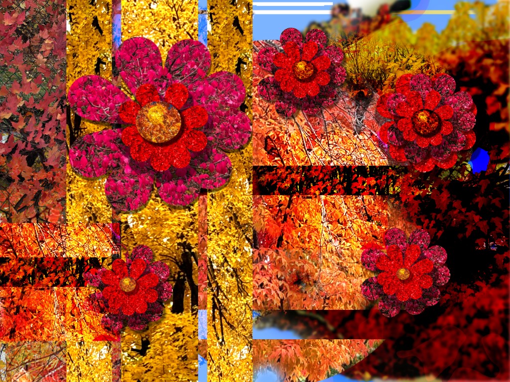 A digital collage blending red, gold, and pink autumn leaves with soft branches and floral forms. The composition feels like a playful romp with color, echoing the joy and energy of fall.