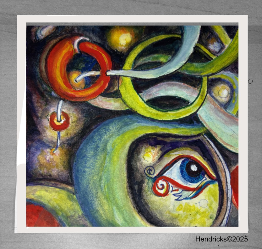 Abstract mixed-media work with layered color connecting to memories of 1980s NYC and The Saint, featuring a subtle blue eye form in the lower right.