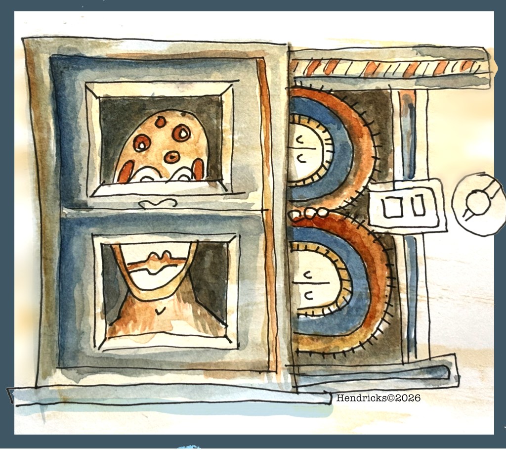 Abstract watercolor of a fragmented head with window-like compartments and circular mechanical forms, suggesting shadowed urban architecture.