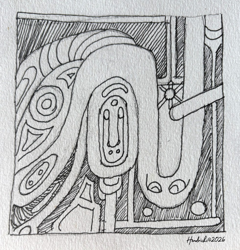 Abstract pen and ink drawing inspired by serious play vs solemn play, with flowing maze-like lines and a central vertical form exploring movement, balance, and the space between. 