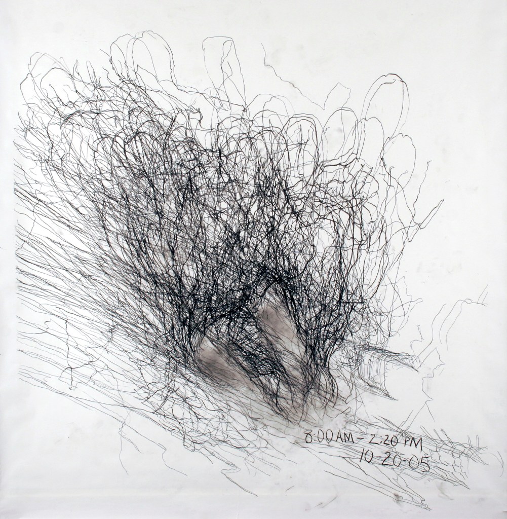 Mapping Existence (2006), pen on paper, 12' × 12'. A large pen drawing tracing my shadow through an eight-hour day.