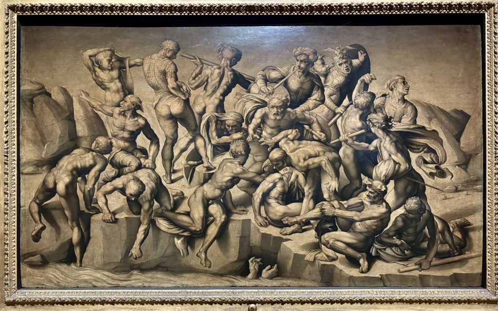 The Council Episode of the Battle of Cascina, painted by Bastiano da Sangallo after Michelangelo Buonarroti. A densely packed group of muscular male figures twist, gesture, and struggle in a dynamic battle scene derived from Michelangelo's lost Battle of Cascina cartoon.