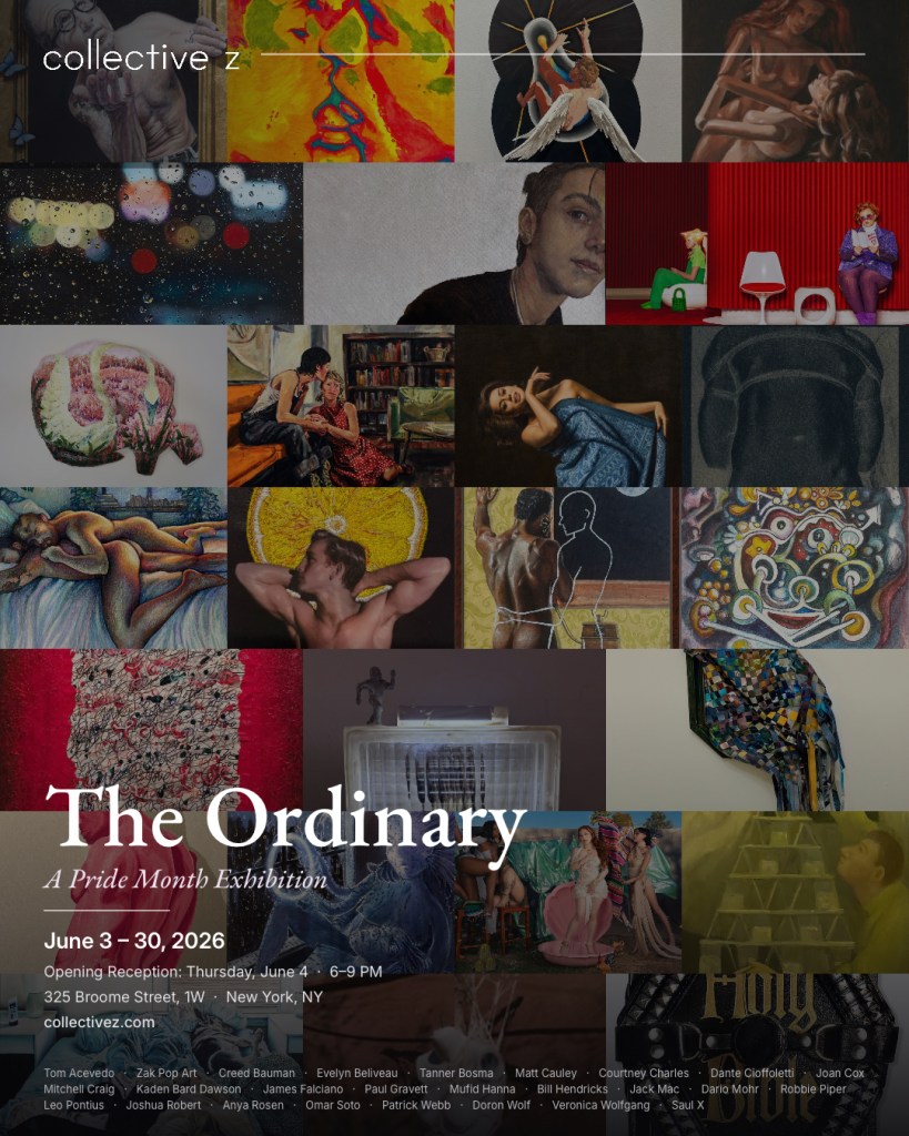 Promotional collage for The Ordinary, a Pride Month group exhibition, featuring a grid of diverse mixed-media artworks including abstract drawings, figures, symbols, and contemporary visual narratives by participating artists.