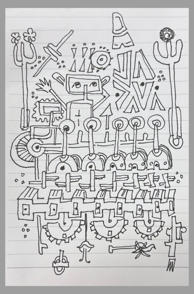 Abstract black-and-white drawing filled with symbolic marks, looping lines, geometric forms, arrows, and maze-like patterns exploring thought, language, and the process of making meaning.